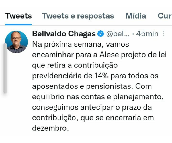 Belivaldo Chagas enviará para Alese projeto de lei que acaba com desconto de 14% dos aposentados e pensionistas