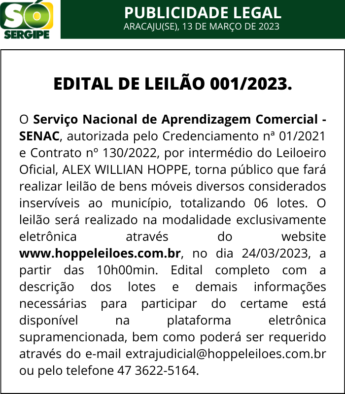 Edital de Leilão 001/2023 - Bens móveis Senac