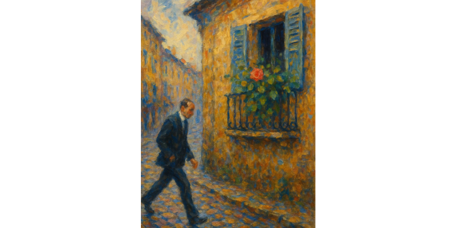 um homem caminha na rua