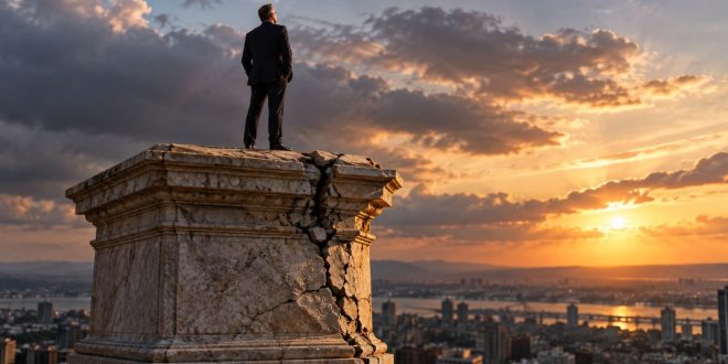Executivo sobre pedestal rachado ao pôr do sol